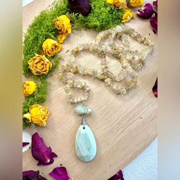 Golden Rutile Necklace with Double-Terminated Aquamarine & Amazonite Pendant - Picture 2 of 4
